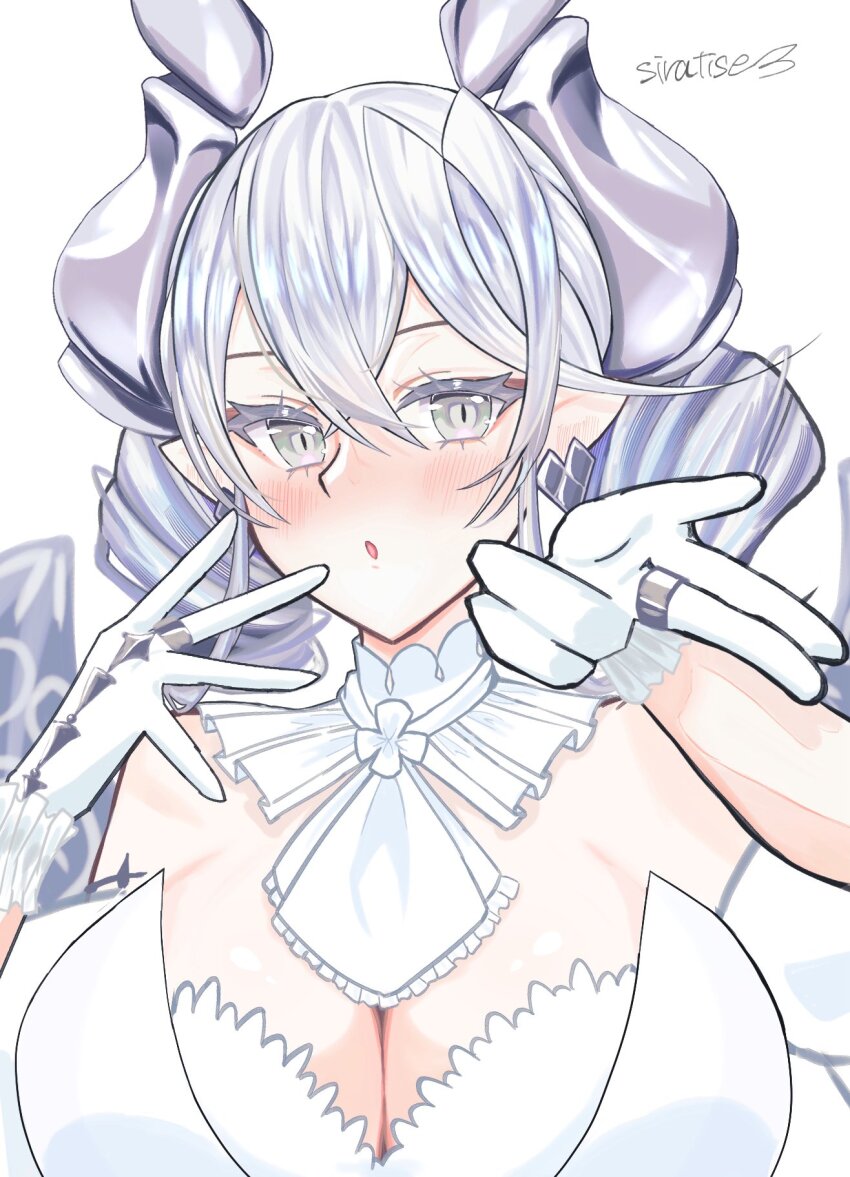 1girl artist_name blush breasts cleavage demon_girl demon_horns demon_wings dress drill_hair duel_monster gloves grey_eyes grey_hair highres horns large_breasts lovely_labrynth_of_the_silver_castle pointy_ears sira_tise slit_pupils solo strapless strapless_dress twin_drills upper_body white_gloves wings yu-gi-oh!