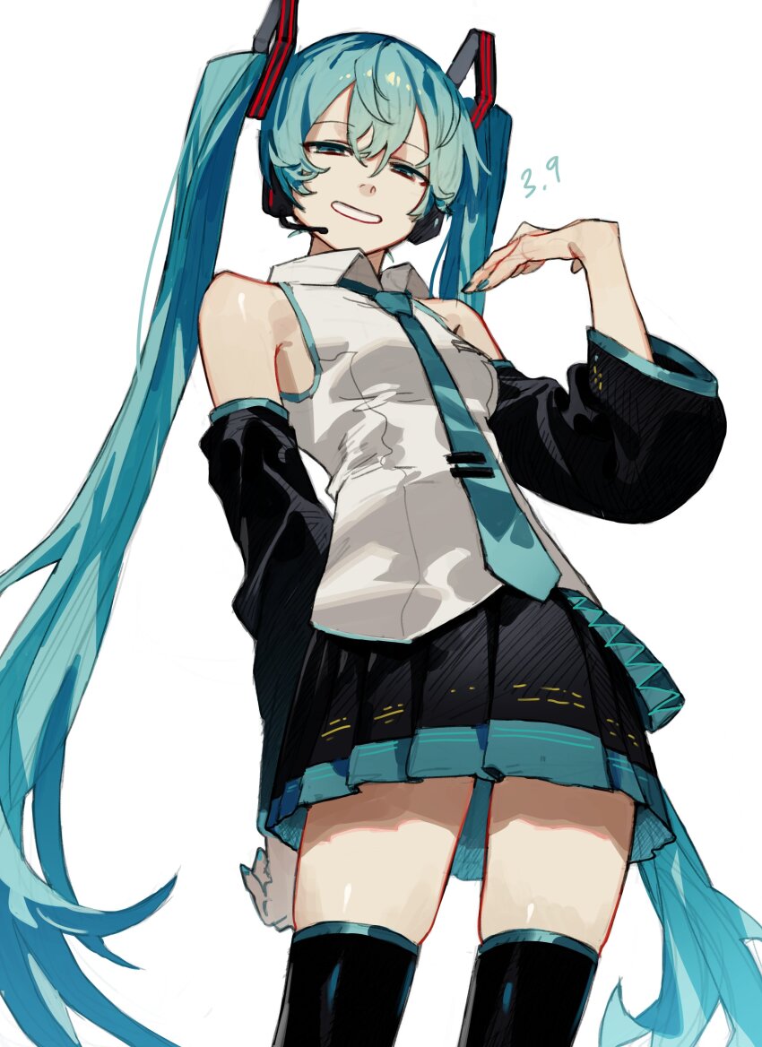 1girl 39 absurdres aqua_necktie black_skirt black_sleeves black_thighhighs blue_eyes blue_hair blue_nails collared_shirt commentary detached_sleeves hair_ornament half-closed_eyes hatsune_miku hatsune_miku_(vocaloid3) headphones headset highres long_hair nail_polish necktie p_(pm_611a) pleated_skirt shirt simple_background skirt sleeveless sleeveless_shirt solo thighhighs twintails very_long_hair vocaloid white_background white_shirt