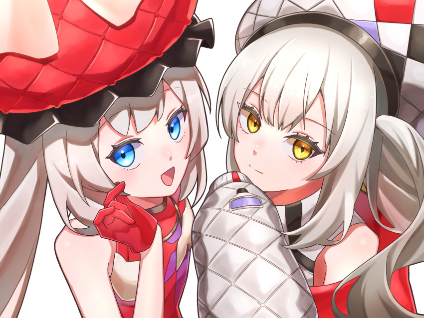 2girls bare_shoulders blue_eyes commentary dress dual_persona fate/grand_order fate_(series) grey_hair hat highres jacket looking_at_viewer marie_antoinette_(fate) marie_antoinette_alter_(fate) marie_antoinette_alter_(first_ascension)_(fate) multiple_girls off_shoulder open_clothes open_jacket open_mouth red_dress red_hat smile symbol-only_commentary twintails white_background white_dress white_hat white_jacket yellow_eyes yotaaaaka