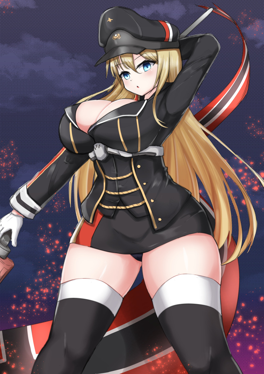 1girl absurdres arm_behind_head azur_lane bismarck_(azur_lane) black_hat black_panties black_sky black_thighhighs blonde_hair blue_eyes breasts cleavage embers flag g-9 german_flag gloves hat highres holding holding_flag large_breasts long_hair looking_at_viewer military military_uniform panties peaked_cap skirt sky solo striped_clothes striped_skirt thighhighs underwear white_gloves