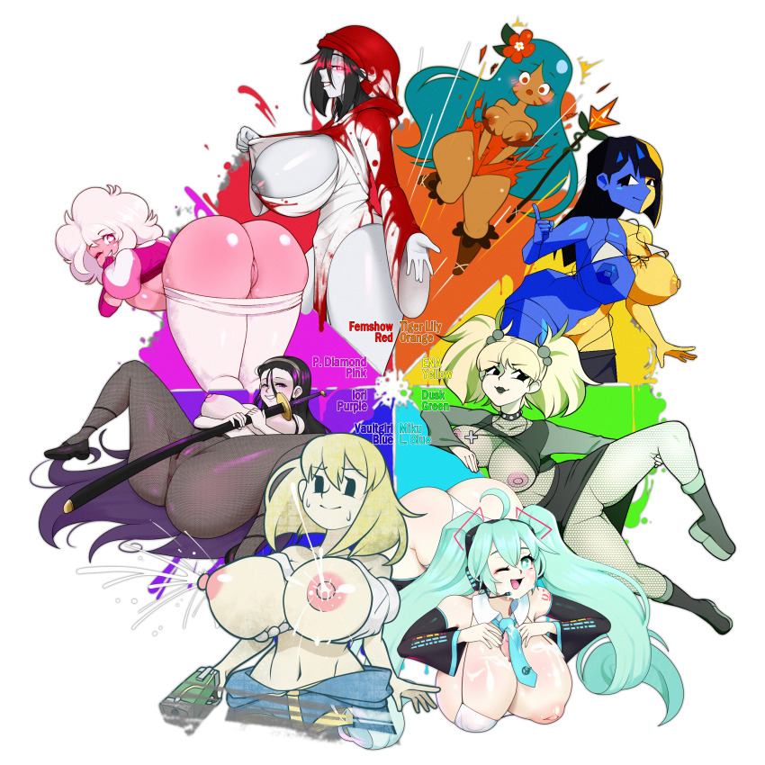 6+girls ^^^ absurdres aqua_hair ass bandages black_eyes black_hair black_lips blonde_hair blood blood_on_clothes blue_skin blush boots breasts cameltoe cleft_of_venus color_connection color_wheel_challenge colored_skin cross cross_necklace crossover dark-skinned_female dark_skin disembodied_hand dusk_(scooby-doo) earrings embarrassed ena_(ena) ena_(series) endless_inferno evil_smile facial_mark fallout fishnets flower flower_on_head glowing glowing_eyes green_hair grey_skin gun hatsune_miku high_heels highres hood huge_breasts inverted_nipples iori_(project_moon) jewelry lactation large_breasts long_hair multicolored_skin multiple_drawing_challenge multiple_girls navel necklace nervous nipples nl_industries one_eye_closed open_mouth pink_diamond_(steven_universe) pink_eyes pink_skin project_moon pussy red_eyes rose_quartz_universe scooby-doo skirt smile spread_legs steven_universe surprised sweat sword thighhighs tiger_lily_cookie torn_clothes transparent_background twintails two-tone_skin vault_girl vocaloid weapon white_hair white_thighhighs yellow_skin
