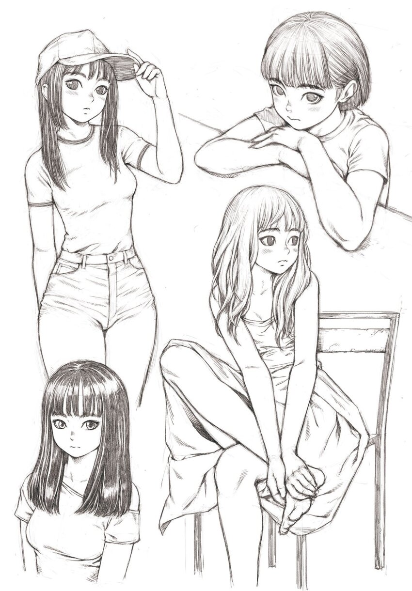 4girls arm_behind_back arm_support bare_shoulders barefoot baseball_cap black_hair blunt_bangs blush bob_cut breasts chair denim dress hand_on_headwear hands_on_own_leg hat highres jeans long_hair looking_at_viewer looking_to_the_side medium_breasts monochrome multiple_girls on_chair original pants serif_illustrations shirt short_hair sidelocks simple_background sitting sketch white_background