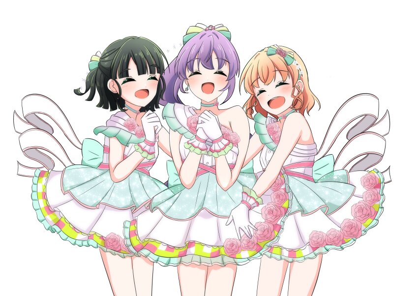 3girls 4th_live_dream_~bloom_the_dream_believers~ :d ^_^ absurdres black_hair cerise_bouquet closed_eyes commentary_request cowboy_shot daime_(hyahhaa10) dress facing_viewer flower_stand_art frilled_dress frilled_gloves frills gloves half_updo highres hinoshita_kaho kishimen_hair link!_like!_love_live! long_hair love_live! medium_hair momose_ginko multiple_girls official_alternate_costume open_mouth otomune_kozue own_hands_together ponytail purple_hair short_hair sidelocks simple_background single-shoulder_dress single_bare_shoulder smile teeth upper_teeth_only virtual_youtuber white_background white_dress white_gloves yume_wazurai