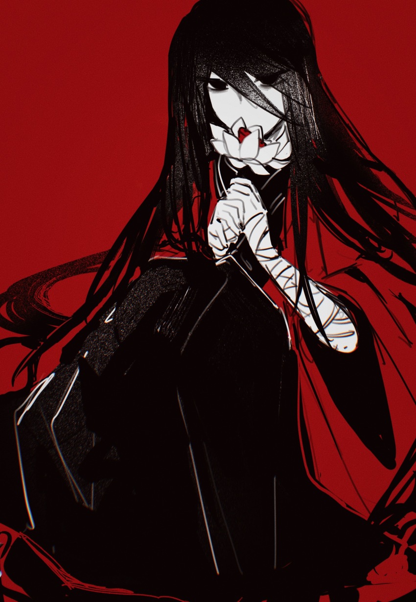 1boy absurdly_long_hair absurdres bandaged_arm bandaged_neck bandages banquluming black_eyes black_hair black_hanfu black_nails chinese_clothes chinese_commentary coat dao_gui_yi_xian flower flower_over_mouth hair_down hanfu highres holding holding_flower ji_zai knees_up li_huowang limited_palette long_hair looking_at_viewer lotus nail_polish official_alternate_hair_length official_alternate_hairstyle partially_colored red_background red_coat red_theme simple_background sitting solo very_long_hair wide_sleeves