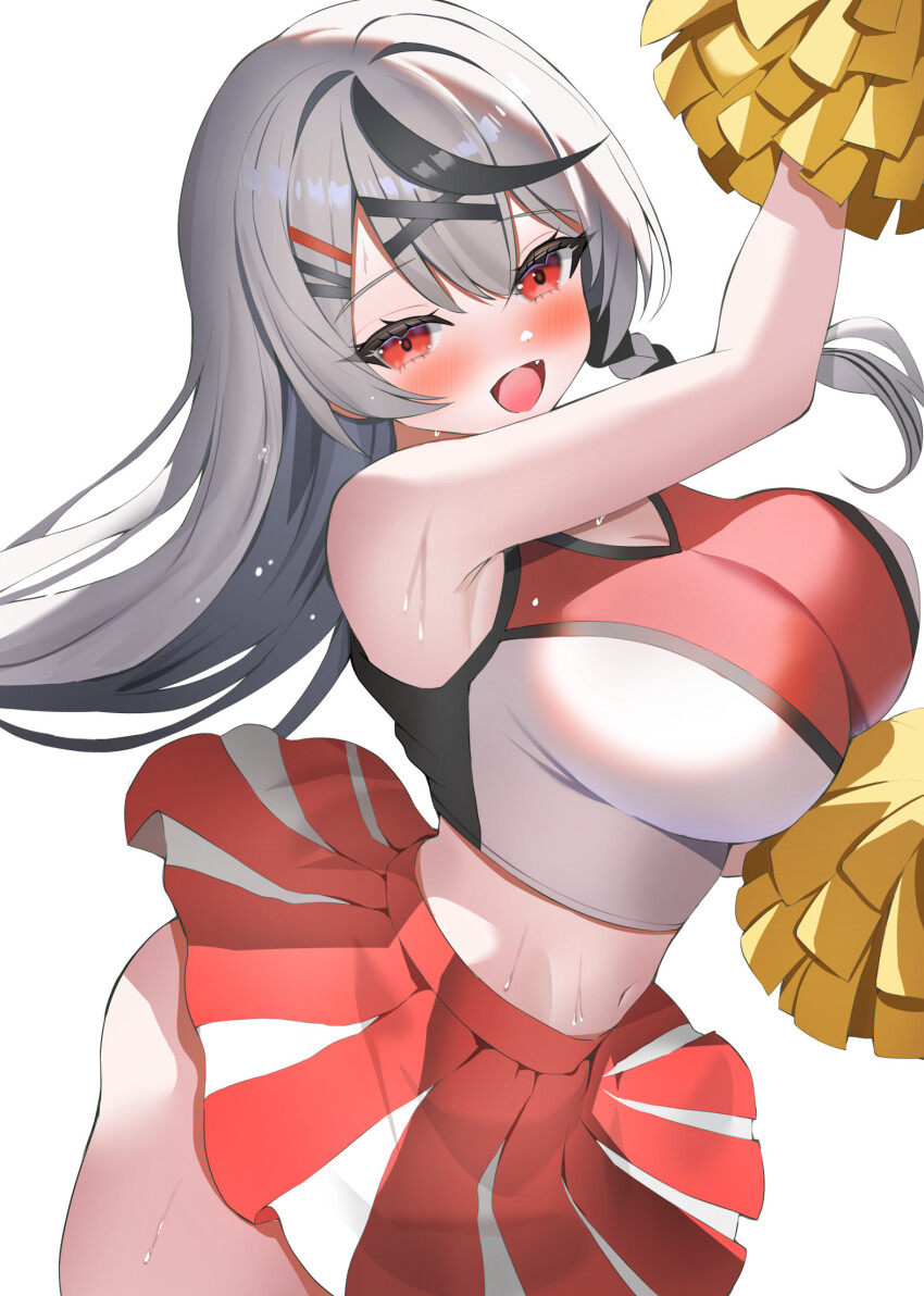 1girl aa44 black_hair blush breasts cheering cheerleader cleavage grey_hair hair_ornament highres holding holding_pom_poms hololive large_breasts looking_at_viewer midriff miniskirt multicolored_hair navel open_mouth pleated_skirt pom_pom_(cheerleading) pom_poms red_eyes sakamata_chloe skirt smile solo streaked_hair virtual_youtuber x_hair_ornament