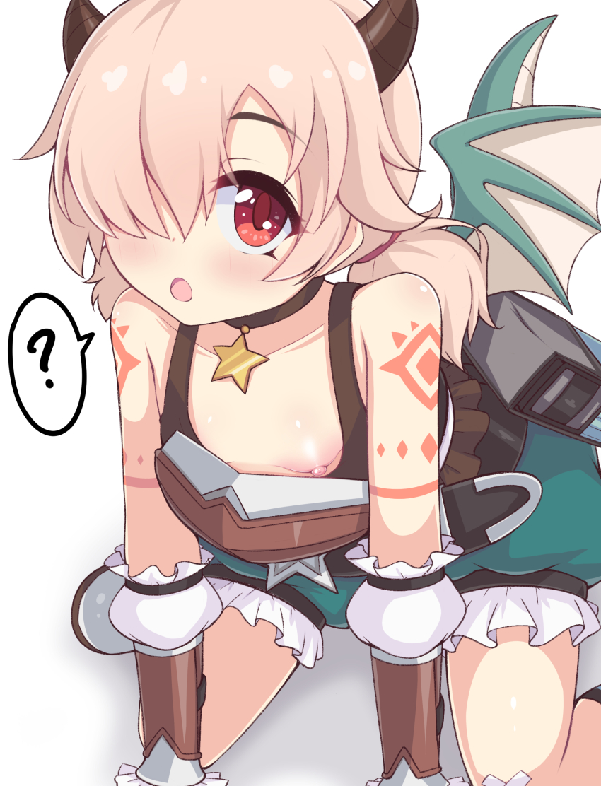 1girl ? absurdres arm_tattoo armor belt breastplate breasts choker dragon_girl dragon_horns dragon_tail dragon_wings frilled_shorts frills green_tail green_wings hair_over_one_eye highres horns inori_(princess_connect!) kuroha_koudai light_brown_hair low_twintails medium_hair nipples no_bra open_mouth princess_connect! puffy_shorts red_eyes shorts simple_background sitting small_breasts solo star_(symbol) star_choker tail tattoo twintails wariza white_background white_footwear wings wrist_cuffs