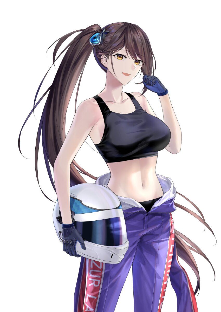 1girl absurdres azur_lane black_gloves black_tank_top breasts brown_hair collarbone commentary commission cowboy_shot english_commentary gloves helmet highres holding holding_helmet jumpsuit large_breasts linea_alba long_hair looking_at_viewer midriff navel open_jumpsuit open_mouth parted_bangs ponytail purple_jumpsuit racing_suit simple_background solo suprii tank_top very_long_hair white_background yellow_eyes zuikaku_(azur_lane)