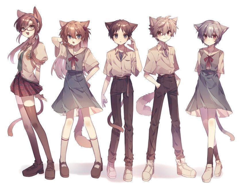 2boys 3girls :3 animal_ears arms_behind_back ayanami_rei belt black_footwear black_hair black_pants black_socks blouse blue_eyes blue_hair breast_pocket brown_belt brown_hair cat_boy cat_ears cat_girl cat_tail closed_mouth commentary dot_nose dress_shirt expressionless eyes_visible_through_hair fang full_body glasses green_necktie green_skirt grey_hair hair_between_eyes hairband hand_in_own_hair hand_on_own_hip hands_in_pockets highres ikari_shinji interface_headset_(evangelion) kemonomimi_mode legs_apart long_hair looking_at_viewer low_twintails makinami_mari_illustrious multiple_boys multiple_girls nagisa_kaworu neck_ribbon necktie neon_genesis_evangelion open_mouth orange_hair pants parted_lips plaid_clothes plaid_skirt pleated_skirt pocket puffy_short_sleeves puffy_sleeves rebuild_of_evangelion red-framed_eyewear red_eyes red_ribbon red_skirt ribbon school_uniform shirasunuko shirt short_hair short_sleeves sidelocks skirt smile socks souryuu_asuka_langley standing suspender_skirt suspenders tail thighhighs tokyo-3_middle_school_uniform twintails two_side_up v-shaped_eyebrows white_background white_footwear white_shirt white_socks zettai_ryouiki