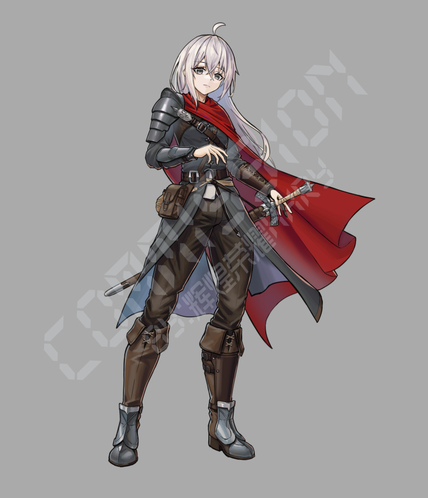1girl absurdres armor armored_boots boots breasts cloak grey_eyes highres huihuang_rongyao long_hair original shoulder_armor small_breasts sword swordsman_(ragnarok_online) warrior weapon white_hair
