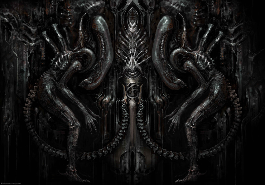 absurdres alien alien_(1979) alien_(1979) alien_(series) claws commentary english_commentary facehugger highres hive machinery monster no_humans realistic science_fiction signature spikes tail teeth uzuki_(uzukinokaze) xenomorph