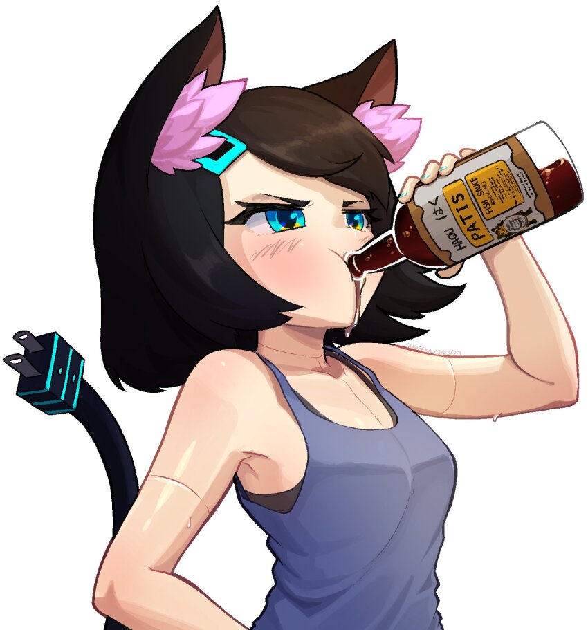 1girl animal_ear_fluff animal_ears aqua_eyes black_bra bottle bra bra_peek breasts cable cat_ears cat_girl cat_tail chugging cyborg drinking hair_ornament hairclip haqu_(suweeka) highres holding holding_bottle medium_breasts original sauce simple_background solo suweeka tail tank_top underwear upper_body white_background