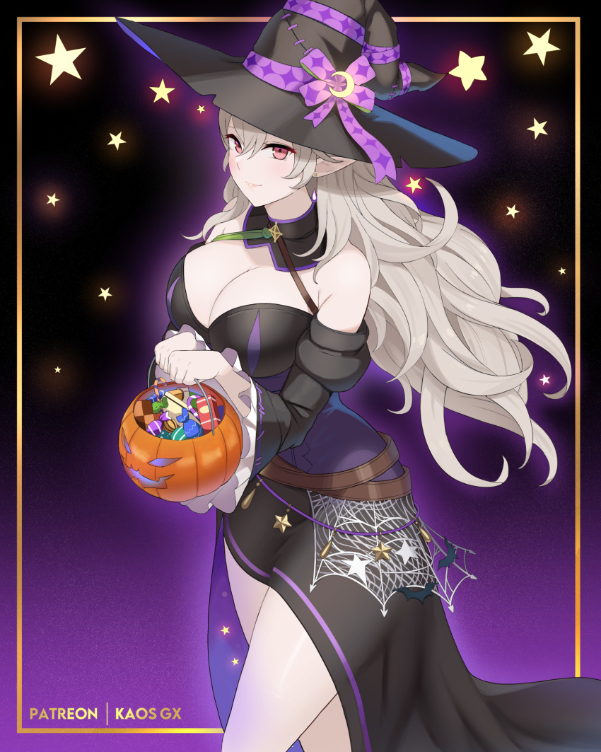 1girl bare_shoulders basket belt black_dress black_hat breasts brown_belt candy cleavage corrin_(female)_(fire_emblem) corrin_(female)_(halloween)_(fire_emblem) cowboy_shot dress fire_emblem fire_emblem_fates fire_emblem_heroes food grey_hair halloween halloween_costume halterneck hat highres holding holding_basket juliet_sleeves kaos_art large_breasts long_hair long_sleeves looking_at_viewer nintendo off-shoulder_dress off_shoulder official_alternate_costume pink_eyes puffy_sleeves smile solo standing thighs very_long_hair witch witch_hat