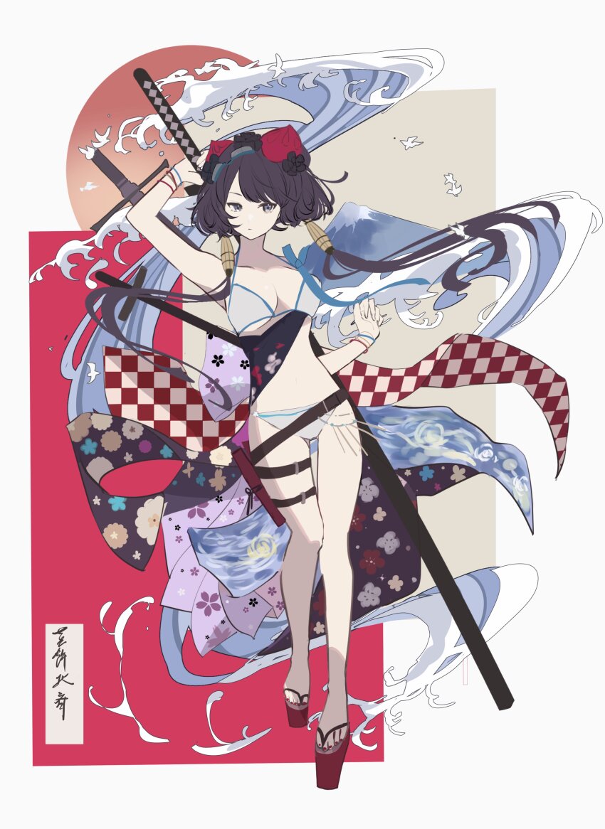 1girl absurdres bikini bracelet breasts fate/grand_order fate_(series) floral_print full_body grey_eyes hair_ornament highres jewelry katana katsushika_hokusai_(fate) katsushika_hokusai_(swimsuit_saber)_(fate) konikoni1002 leg_belt long_hair medium_breasts multiple_swords obi octopus plum_blossom_print purple_hair sash swimsuit sword thigh_strap twintails weapon white_bikini
