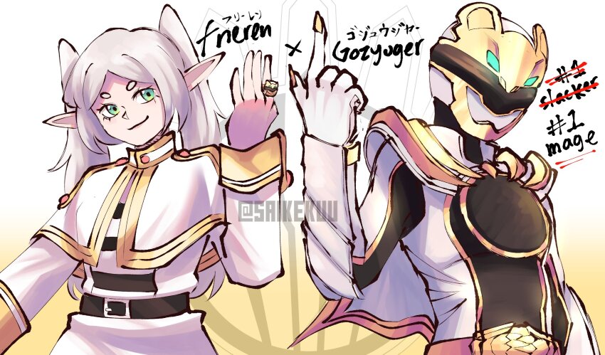 1girl armor belt_buckle black_bodysuit bodysuit buckle capelet character_name copyright_name elf frieren green_eyes grey_hair helmet highres long_hair no.1_sentai_gozyuger pointy_ears saikekuu sentai_ring shirt skirt sousou_no_frieren super_sentai tokusatsu twintails twitter_username two-tone_bodysuit upper_body white_armor white_bodysuit white_capelet white_helmet white_shirt white_skirt