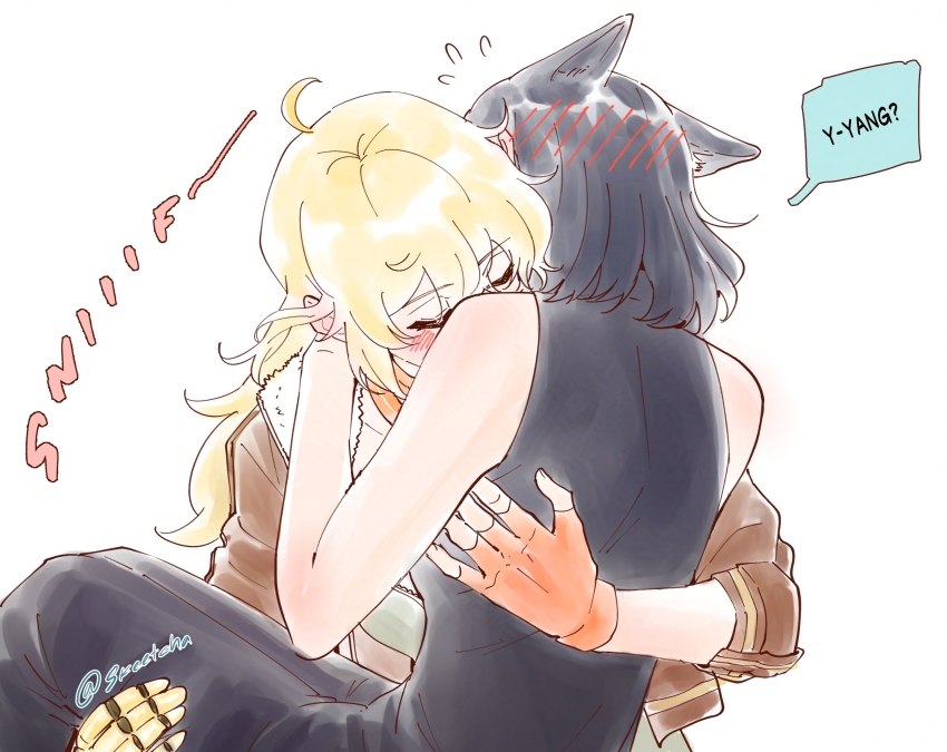 2girls animal_ears bare_arms black_dress black_hair blake_belladonna blush_visible_through_hair brown_jacket carrying cat_ears closed_eyes commentary dramore dress english_commentary fingerless_gloves gloves highres jacket mechanical_hands medium_hair multiple_girls orange_gloves princess_carry rwby simple_background single_mechanical_hand smelling speech_bubble white_background yang_xiao_long yuri