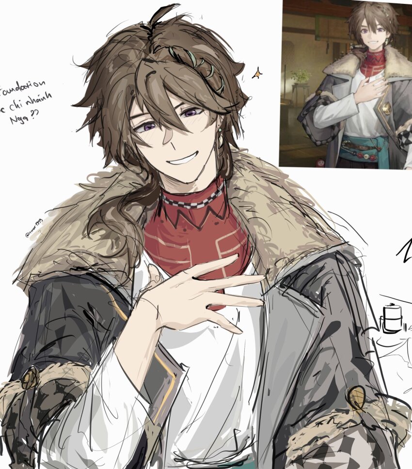 1boy brown_hair coat fur-trimmed_coat fur_trim grey_coat grin hair_over_shoulder hand_on_own_chest hand_up highres long_hair long_sleeves looking_at_viewer low_ponytail male_focus name_day_(reverse:1999) ponytail purple_eyes reference_inset reverse:1999 smile tmor1999 upper_body vietnamese_commentary vietnamese_text white_background