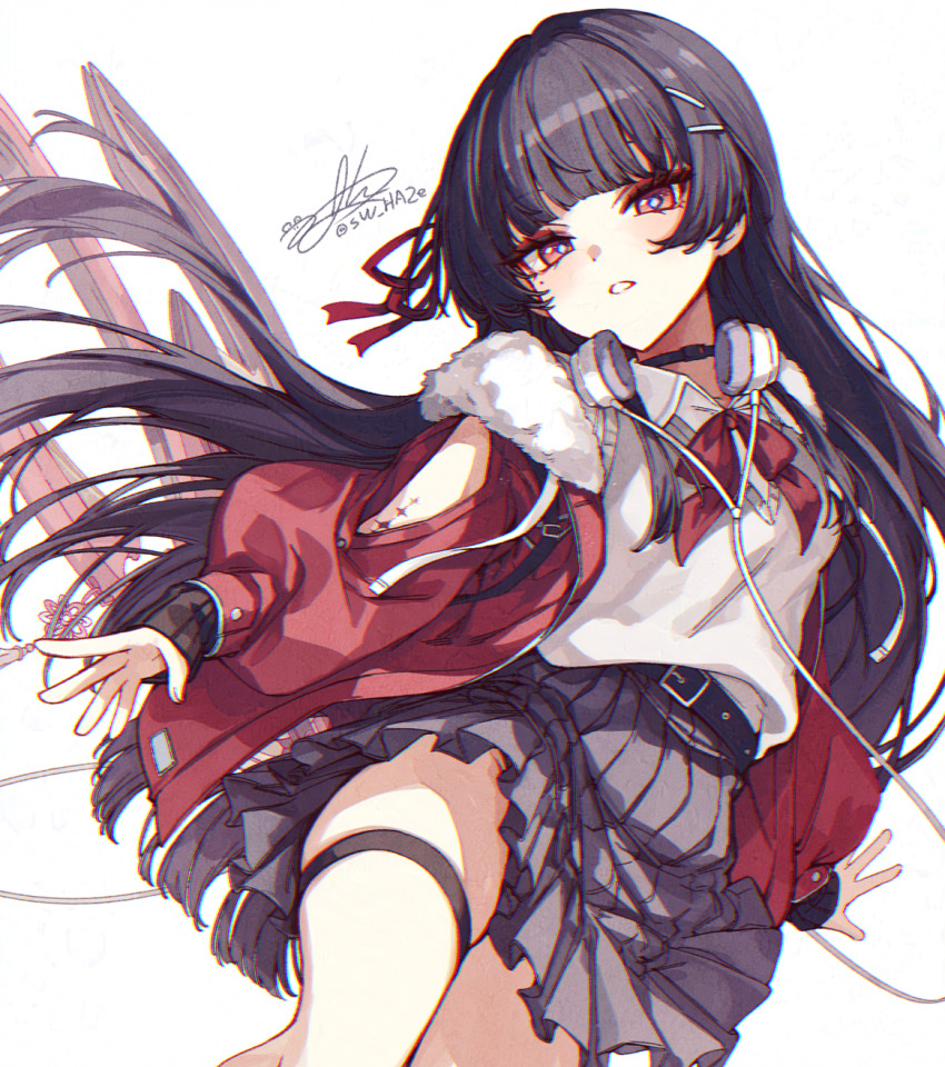 1girl adversarial_noise alternate_costume arm_cutout black_choker black_hair black_skirt bow bowtie chisa_(wuthering_waves) choker chromatic_aberration clothing_cutout collared_shirt commentary_request fur-trimmed_jacket fur_trim hair_ribbon headphones headphones_around_neck highres jacket korean_commentary long_hair long_sleeves looking_at_viewer mole mole_under_eye parted_lips red_bow red_bowtie red_eyes red_jacket red_ribbon ribbon shirt signature simple_background skirt solo sw_haze sword tacet_mark_(wuthering_waves) thigh_strap thighs very_long_hair vest weapon white_background white_vest wuthering_waves