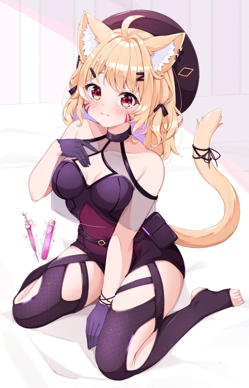 1girl :3 absurdres ahoge animal_ear_fluff animal_ears black_gloves blonde_hair blush breasts cat_ears cat_girl cat_tail colored_inner_hair facial_mark gloves hat highres indie_virtual_youtuber long_hair looking_at_viewer medium_breasts multicolored_hair purple_hair red_eyes ribbon rururiaru second-party_source shyrei_faolan sitting solo syringe tail tail_ornament tail_ribbon test_tube toeless_legwear two-tone_hair virtual_youtuber wariza whisker_markings