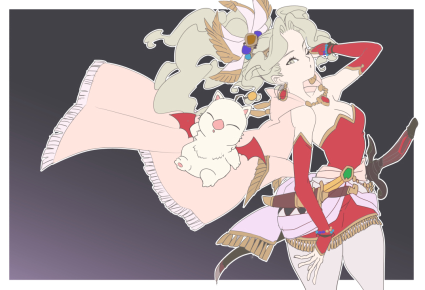 1girl bead_bracelet beads border bracelet breasts cape cleavage cowboy_shot creature dagger detached_sleeves dress earrings final_fantasy final_fantasy_vi green_eyes green_hair grey_background hair_ribbon hand_in_own_hair jewelry knife knife_sheath kuwango long_hair looking_at_viewer medium_breasts moogle one_eye_closed parted_bangs pink_cape ponytail red_dress red_sleeves ribbon sash sheath short_dress strapless strapless_dress sword thighs tina_branford tube_dress waist_sash wavy_hair weapon white_border