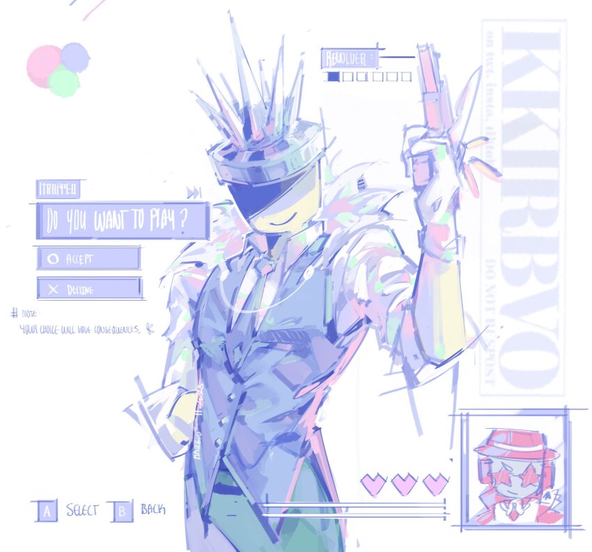 2boys blue_pants blue_vest chance_(forsaken) closed_mouth cowboy_shot crown fedora forsaken_(roblox) gun handgun hat highres holding holding_gun holding_weapon ice itrapped_(roblox) kirbo long_sleeves male_focus multiple_boys pants red_hat revolver roblox shirt smile star-shaped_eyewear star_(symbol) vest weapon white_shirt
