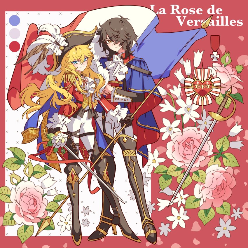 1boy 1girl andre_grandier ascot black_gloves black_shoes blonde_hair blue_capelet blue_eyes blush boots brown_eyes brown_hair capelet copyright_name french_flag french_text full_body gloves hair_between_eyes hair_over_one_eye highres holding holding_sword holding_weapon jacket long_hair meremero oscar_francois_de_jarjayes pants parted_lips red_jacket shoes standing sword thigh_boots versailles_no_bara very_long_hair weapon white_ascot white_pants
