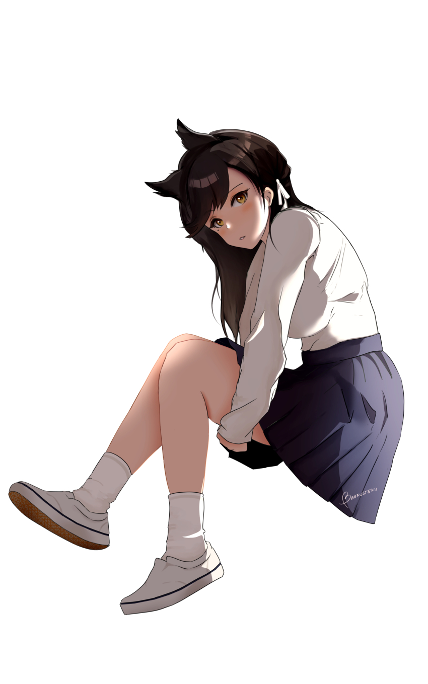1girl alternate_costume animal_ears artist_name atago_(azur_lane) azur_lane beefusteku blue_skirt blush breasts brown_eyes brown_hair cardigan full_body hair_ribbon highres large_breasts long_hair long_sleeves looking_at_viewer mole mole_under_eye open_mouth ribbon school_uniform shoes sideboob sitting skirt socks solo thighs white_background white_cardigan white_ribbon white_shoes white_socks