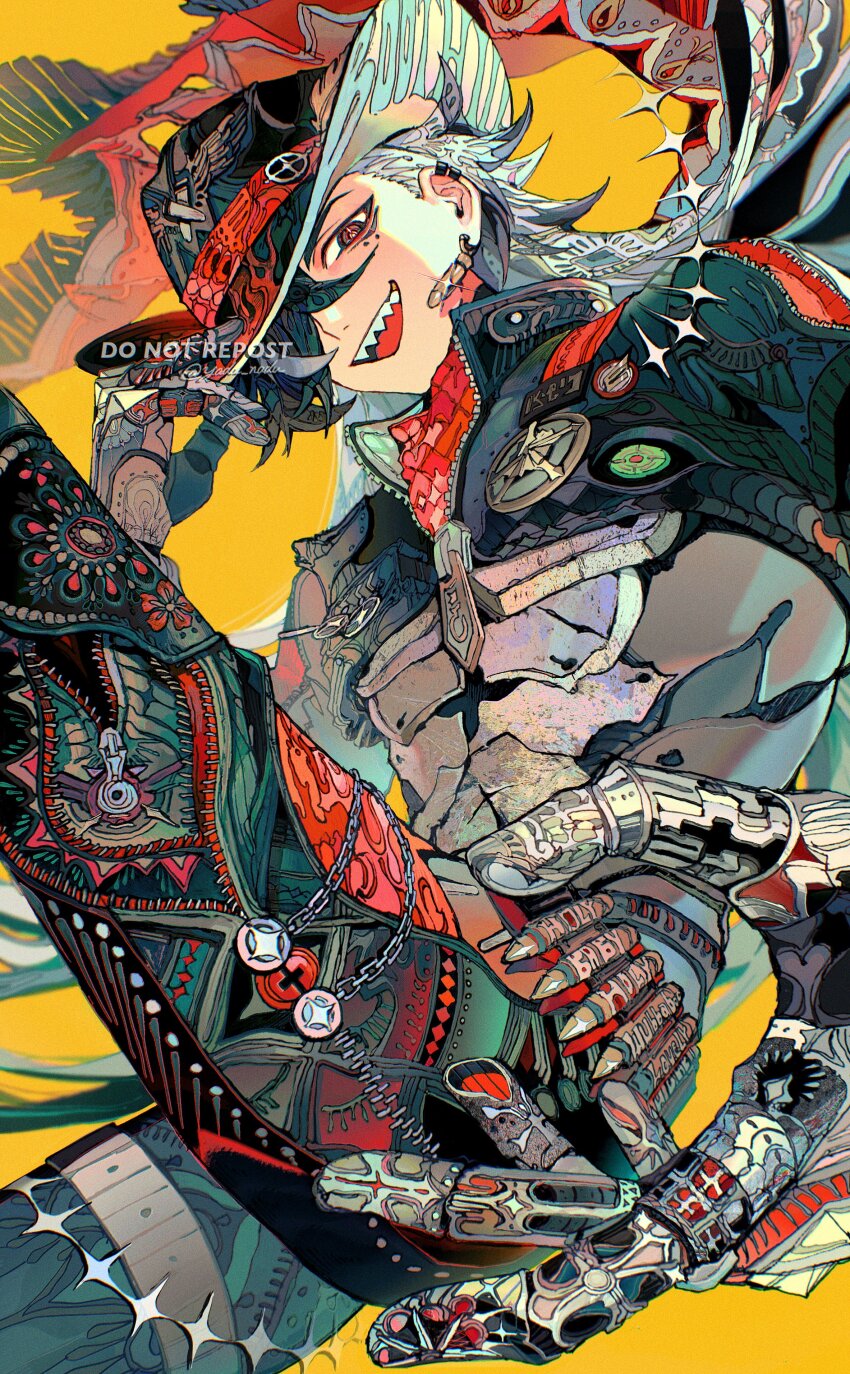 1boy absurdres boothill_(honkai:_star_rail) bullet_earrings cowboy cowboy_hat cowboy_western crosshair_pupils cyborg earrings gun hair_over_one_eye handgun hat highres honkai:_star_rail honkai_(series) jacket looking_at_viewer multicolored_hair multiple_moles open_mouth revolver sharp_teeth smile teeth weapon western yadu_nadu