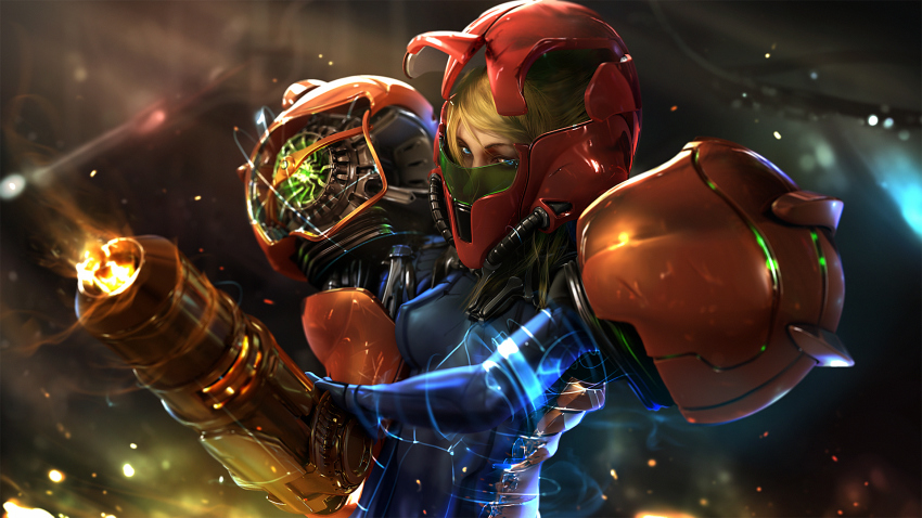 1girl 3d arm_cannon armor blonde_hair blue_eyes covered_erect_nipples female_focus helmet highres metroid neon_trim nintendo power_armor power_suit_(metroid) powering_up realistic samus_aran solo varia_suit weapon wen_jr zero_suit