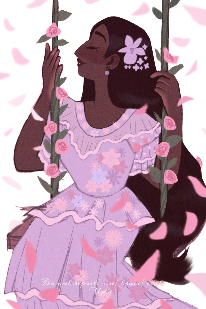 1girl brown_hair cwgl418 dark-skinned_female dark_skin dress earrings encanto flower hair_flower hair_ornament highres isabela_madrigal jewelry long_hair mole mole_under_eye on_swing petals purple_dress simple_background smile solo swing