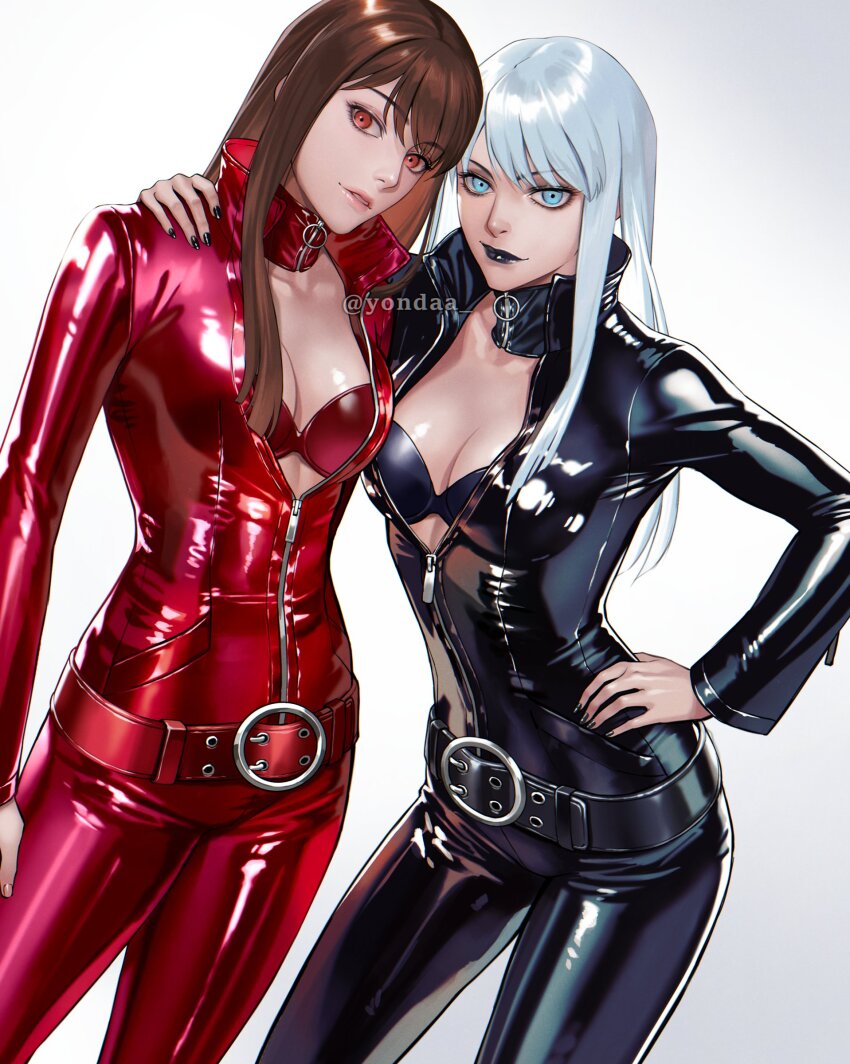 2girls absurdres black_lips blue_eyes bodysuit breasts brown_hair cleavage collar devil_summoner:_soul_hackers devil_summoner_(series) full-length_zipper highres lipstick long_hair looking_at_viewer makeup medium_breasts multiple_girls nemissa open_bodysuit open_clothes pale_skin red_eyes tono_hitomi white_hair yorita_(kick_knock) zipper