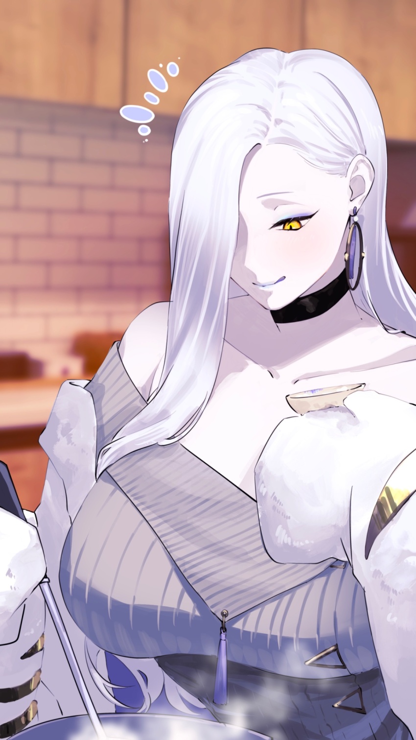 1girl bare_shoulders black_choker blue_eyeliner blue_lips blurry breasts brick_wall cabinet choker cleavage commentary_request cooking cooking_pot dress earrings eyeliner fate/grand_order fate_(series) grey_dress hair_behind_ear hair_over_one_eye highres hoop_earrings huge_breasts jacket jewelry kitchen ladle large_breasts licking_lips looking_down makeup off_shoulder mrs._snake_(fate) pale_skin plate ribbed_dress sleeves_past_wrists slit_pupils smile solo steam stirring sweater sweater_dress tassel tasting_plate tongue tongue_out toumokorosi_01 white_hair white_jacket yellow_eyes
