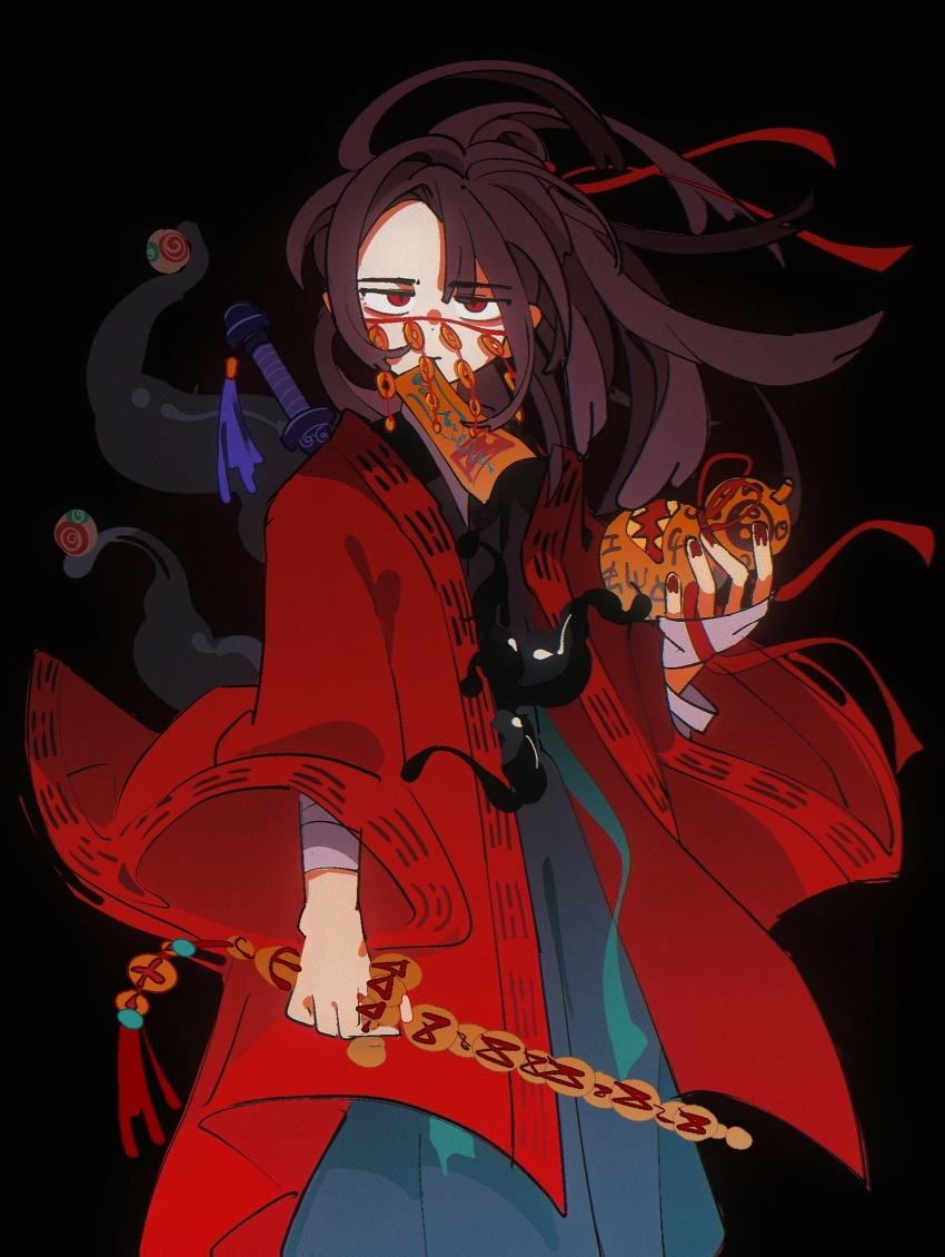 1boy bandaged_arm bandages black_background black_hair black_hanfu brown_hair chinese_clothes closed_mouth coat coin coin_mask coin_sword creature dao_gui_yi_xian eyeball feet_out_of_frame floating_hair gourd hair_ribbon hanfu highres holding holding_gourd holding_sword holding_weapon holed_coin li_huowang li_sui_(tentacles) long_hair long_sleeves looking_at_viewer male_focus mask mouth_hold mouth_veil nail_polish ponytail red_coat red_eyes red_nails red_ribbon ribbon robe simple_background solo standing sword sword_on_back sword_tassel talisman tassel tentacles veil weapon weapon_on_back wide_sleeves wutishoupang