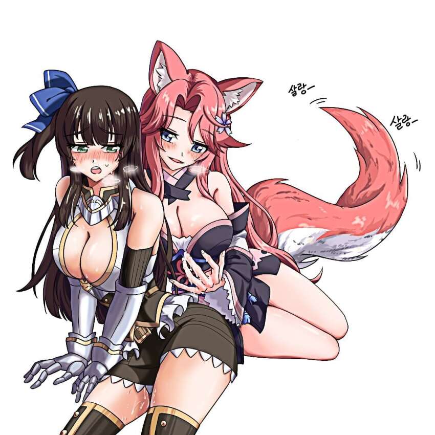 2girls after_fingering animal_ears behind_another blue_eyes blush bow brown_hair ceri_(sakura_dungeon) commission commissioner_upload cottonswab336 embarrassed fingering fox_ears fox_tail green_eyes hair_bow japanese_clothes kimono multiple_girls non-web_source pink_hair pussy_juice sakura_dungeon sweat tail yomi_(sakura_dungeon) yuri