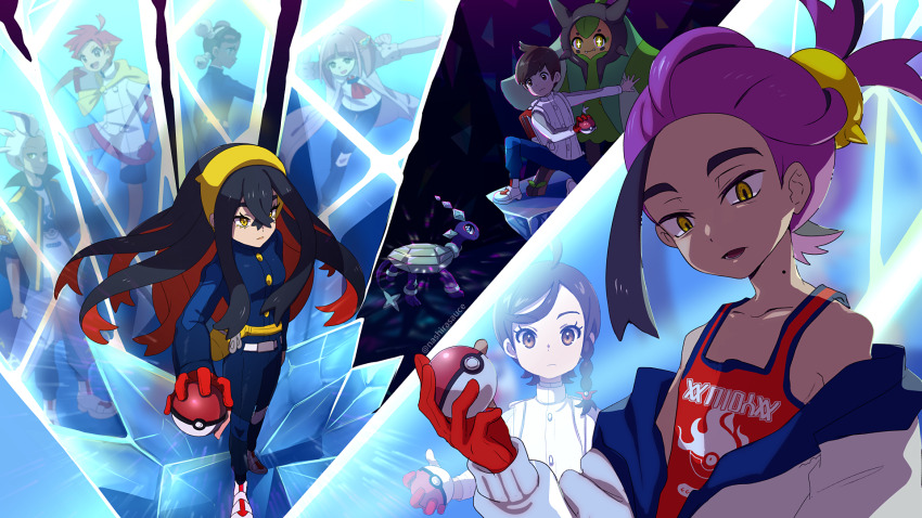 4boys 4girls amarys_(pokemon) black_hair carmine_(pokemon) collarbone commentary_request crispin_(pokemon) drayton_(pokemon) florian_(pokemon) game_freak gloves hairband highres holding holding_poke_ball jacket juliana_(pokemon) kieran_(pokemon) lacey_(pokemon) mole mole_on_neck multicolored_hair multiple_boys multiple_girls nashirasauce nintendo off_shoulder ogerpon open_mouth partially_fingerless_gloves poke_ball poke_ball_(basic) pokemon pokemon_(creature) pokemon_sv purple_hair red_gloves red_shirt shirt sleeveless sleeveless_shirt terapagos terapagos_(normal) two-tone_hair white_jacket yellow_eyes yellow_hairband
