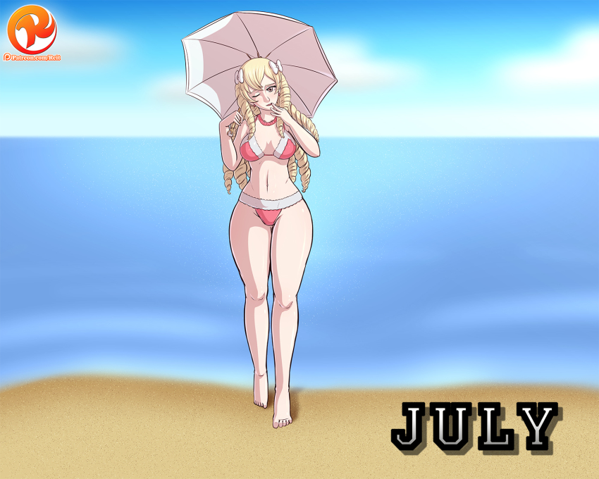 1girl barefoot beach bikini bow breasts cleavage cloud drill_hair fire_emblem fire_emblem_awakening hair_bow highres maribelle_(fire_emblem) navel nintendo ocean parasol pink_bikini reit sand sky swimsuit umbrella water