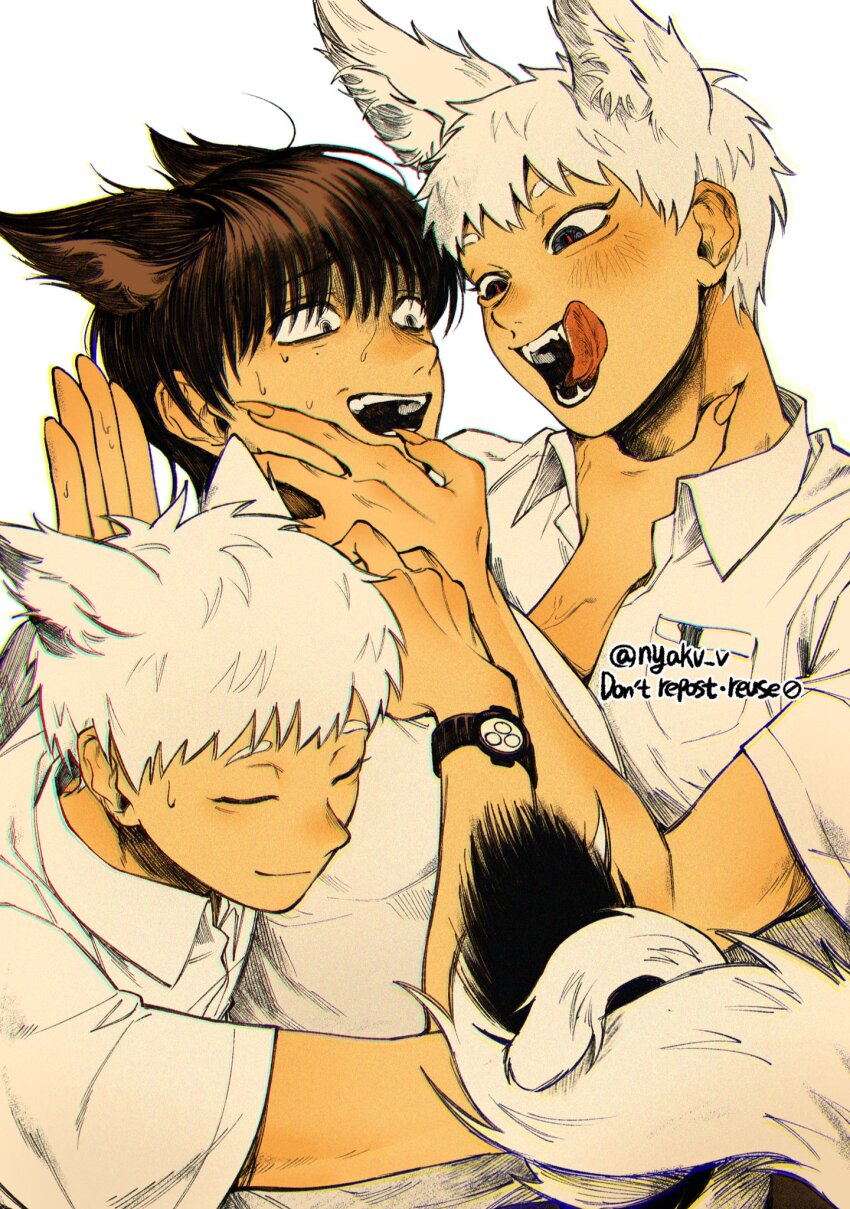 3boys animal_ears black_hair blush closed_eyes collared_shirt dual_persona fingernails hashtag-only_commentary highres hikaru_ga_shinda_natsu indou_hikaru indou_hikaru_(human) male_focus multiple_boys nyakv_v open_mouth red_pupils sharp_fingernails shirt short_hair simple_background sweat tail teeth tongue tongue_out tsujinaka_yoshiki twitter_username upper_body watch white_background white_hair white_shirt wristwatch yaoi