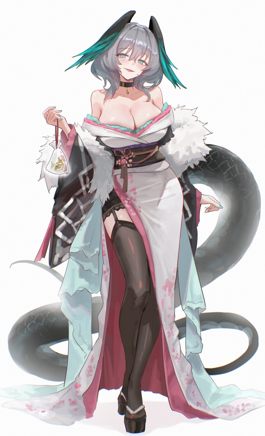1girl absurdres alternate_costume aqua_eyes aqua_hair arknights bare_shoulders black_choker black_sandals black_tail black_thighhighs black_wings breasts choker cleavage commentary_request fang feathered_wings full_body gradient_wings green_eyes grey_hair hair_between_eyes hand_up head_wings highres ho&#039;olheyak_(arknights) holding japanese_clothes kimono large_breasts large_tail looking_at_viewer medium_hair multicolored_wings off_shoulder sandals side_slit simple_background smile solo standing tail thighhighs thighs tongue tongue_out uof white_background wide_sleeves wings zouri