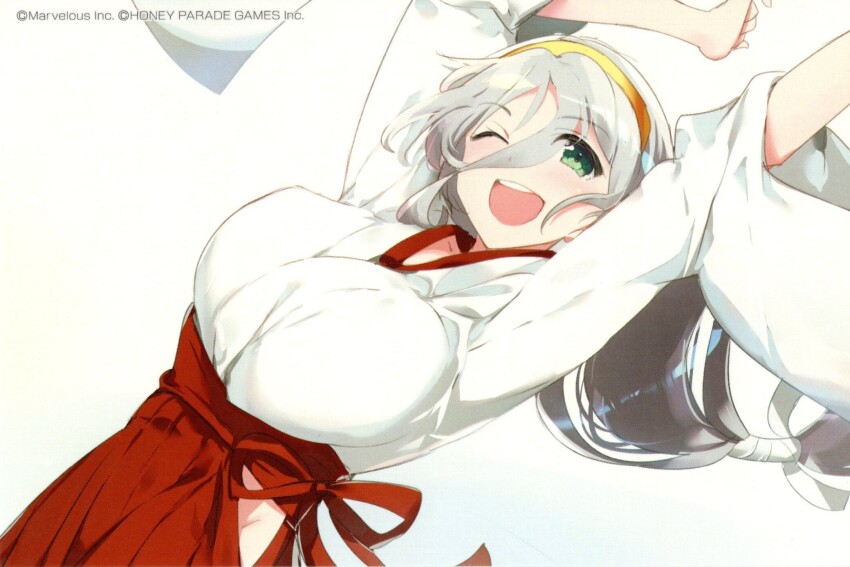 1girl 2025 :d blush breasts color_halftone commentary copyright_name covered_erect_nipples gekkou_(senran_kagura) green_eyes grey_hair hairband hakama hakama_skirt happy happy_new_year highres hip_vent japanese_clothes jumping kimono large_breasts long_hair looking_at_viewer low-tied_long_hair marvelous midair miko new_year non-web_source official_art one_eye_closed open_mouth outstretched_arms red_hakama ribbon-trimmed_sleeves ribbon_trim scan senran_kagura simple_background skirt smile solo white_kimono wide_sleeves yaegashi_nan yellow_hairband