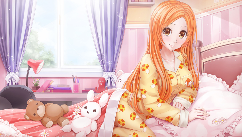 1girl bed bedroom bleach blush breasts brown_eyes female_focus food_print highres indoors inoue_orihime large_breasts long_hair looking_at_viewer orange_hair pajamas print_pajamas smile solo stuffed_animal stuffed_toy sunimu teddy_bear
