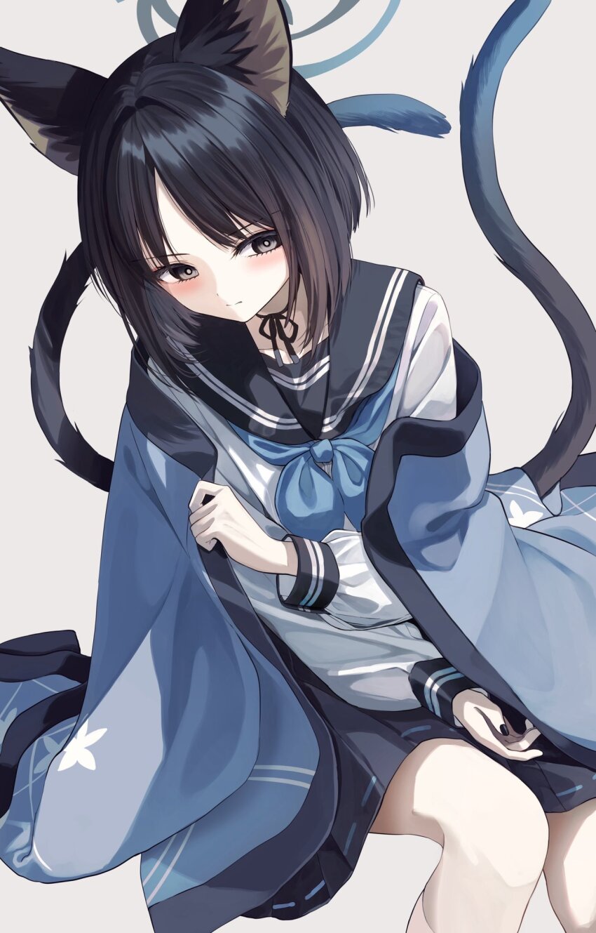 1girl animal_ear_fluff animal_ears black_hair black_nails black_ribbon black_sailor_collar blue_archive blue_bow blue_bowtie blush bow bowtie bright_pupils cat_ears cat_girl cat_tail closed_mouth grey_background halo highres invisible_chair kikyou_(blue_archive) long_sleeves looking_at_viewer medium_hair multiple_tails neck_ribbon pentagon_(railgun_ky1206) ribbon sailor_collar school_uniform shirt simple_background sitting solo tail two_tails white_pupils white_shirt