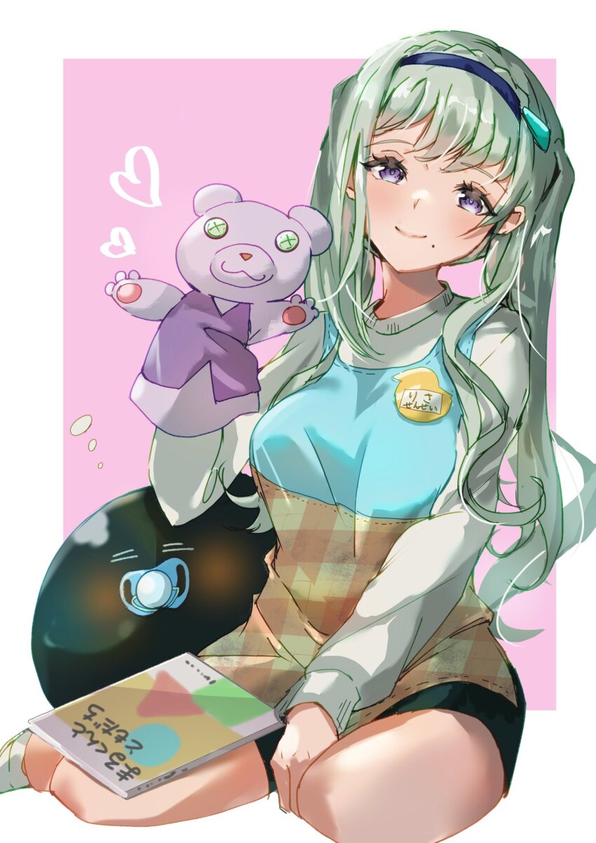 1girl black_hairband breasts green_hair hairband heaven_burns_red highres kindergarten_uniform large_breasts long_hair mole mole_under_mouth murohushi_risa narvy_(heaven_burns_red) no53_(pixiv_77486930) purple_eyes sidelocks solo twintails