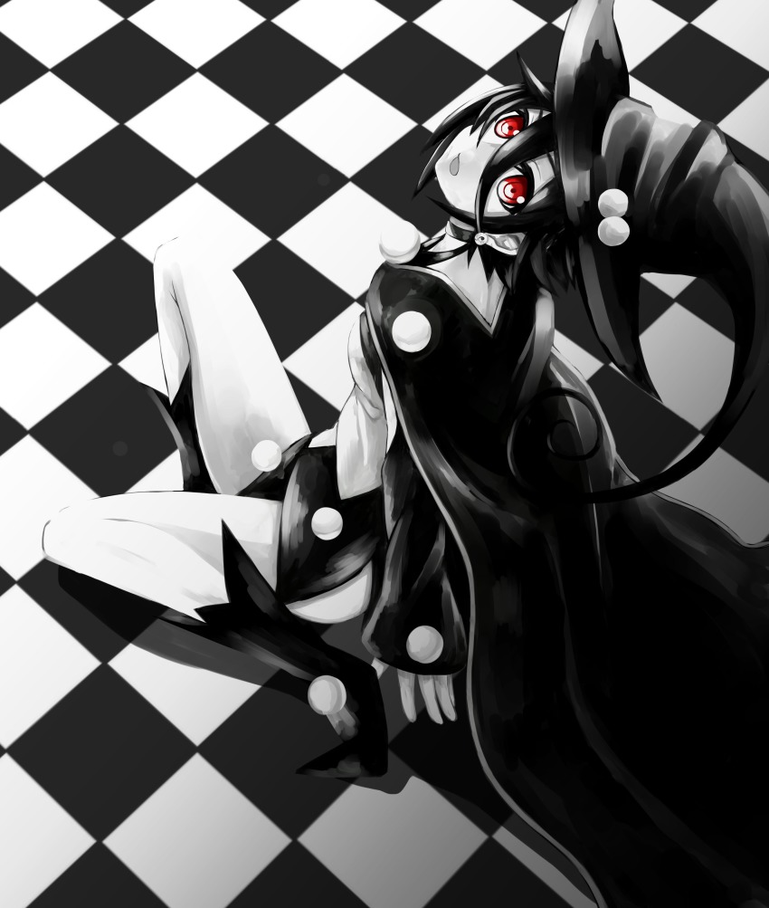 10s 1girl absurdres arm_warmers black_hair breasts checkered_floor choker earrings female_focus floor greyscale hat highres jewelry kazumi_(madoka_magica) looking_at_viewer looking_up magical_girl mahou_shoujo_kazumi_magica mahou_shoujo_madoka_magica monochrome open_mouth red_eyes short_hair skirt smile solo underboob witch_hat
