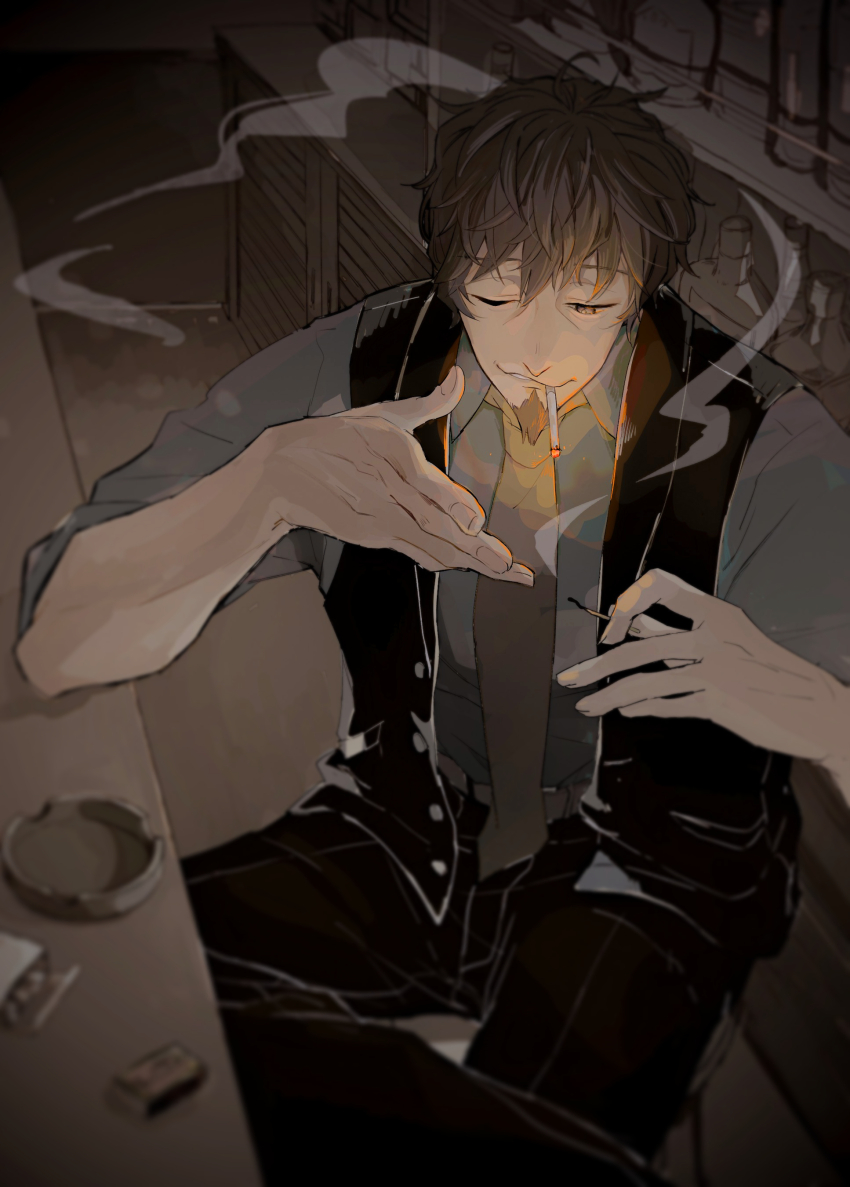 1boy absurdres alcohol ashtray bartender black_vest brown_eyes brown_hair cigarette cigarette_pack facial_hair fate/grand_order fate_(series) goatee green_shirt hector_(fate) highres holding_matchstick large_hands lighting_cigarette male_focus mature_male necktie one_eye_closed pichoko shirt smoke smoking solo vest yellow_necktie