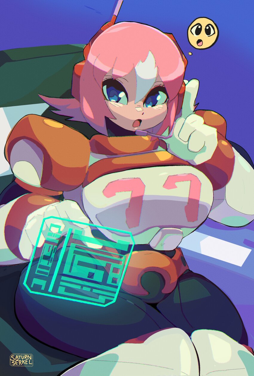 1girl absurdres armor black_bodysuit blue_background blue_eyes bodysuit breasts cowboy_shot highres holographic_interface large_breasts mega_man_(series) mega_man_x:_command_mission mega_man_x_(series) multicolored_hair nana_(mega_man_x:_command_mission) number_pun pink_hair saturnserkel short_hair simple_background sitting smiley_face solo streaked_hair two-tone_hair white_armor white_hair