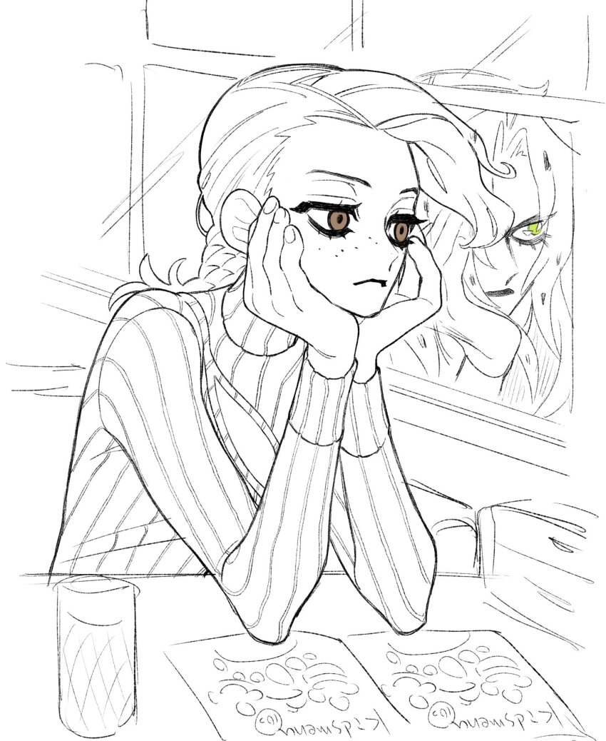 1boy book braid c73an closed_mouth clothing_cutout cup diavolo different_reflection elbows_on_table eyelashes freckles greyscale highres jojo_no_kimyou_na_bouken long_sleeves looking_ahead male_focus monochrome open_book reflection ribbed_sweater sitting spot_color sweater turtleneck turtleneck_sweater vento_aureo vinegar_doppio
