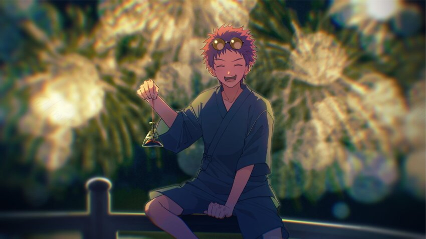 1boy blurry blurry_background brown_hair closed_eyes cowboy_shot digimon digimon_adventure_02 digimon_adventure_02:_the_beginning eyewear_on_head fireworks highres holding limit_deji male_focus motomiya_daisuke open_mouth sitting smile solo sunglasses