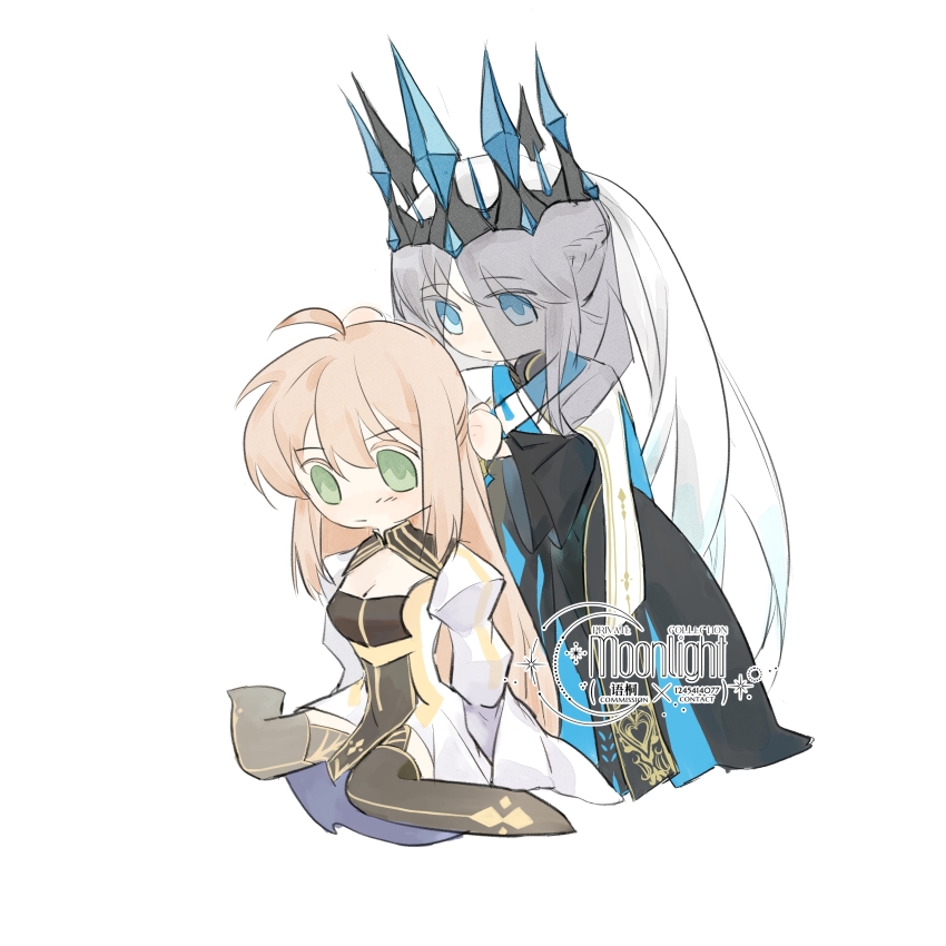 2girls absurdres artoria_caster_(fate) artoria_pendragon_(fate) black_dress blonde_hair blue_eyes braid crown dress fate/grand_order fate_(series) green_eyes green_hair hair_between_eyes half_up_braid highres long_hair morgan_le_fay_(fate) morgan_le_fay_(queen_of_winter)_(fate) multiple_girls ponytail sakuranull simple_background veil white_hair