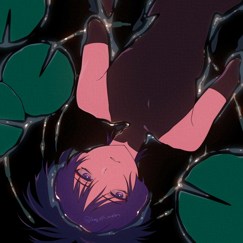 1boy arms_at_sides black_bodysuit black_bridal_gauntlets bodysuit bridal_gauntlets bright_pupils eyeliner eyeshadow genshin_impact hag_(hag_015) highres lily_pad looking_past_viewer lying lying_on_water makeup male_focus mandarin_collar on_back parted_lips purple_eyes purple_hair red_eyeliner red_eyeshadow ripples sanpaku scaramouche_(genshin_impact) sleeveless sleeveless_bodysuit solo turtleneck turtleneck_bodysuit twitter_username wanderer_(genshin_impact) white_mouth white_pupils