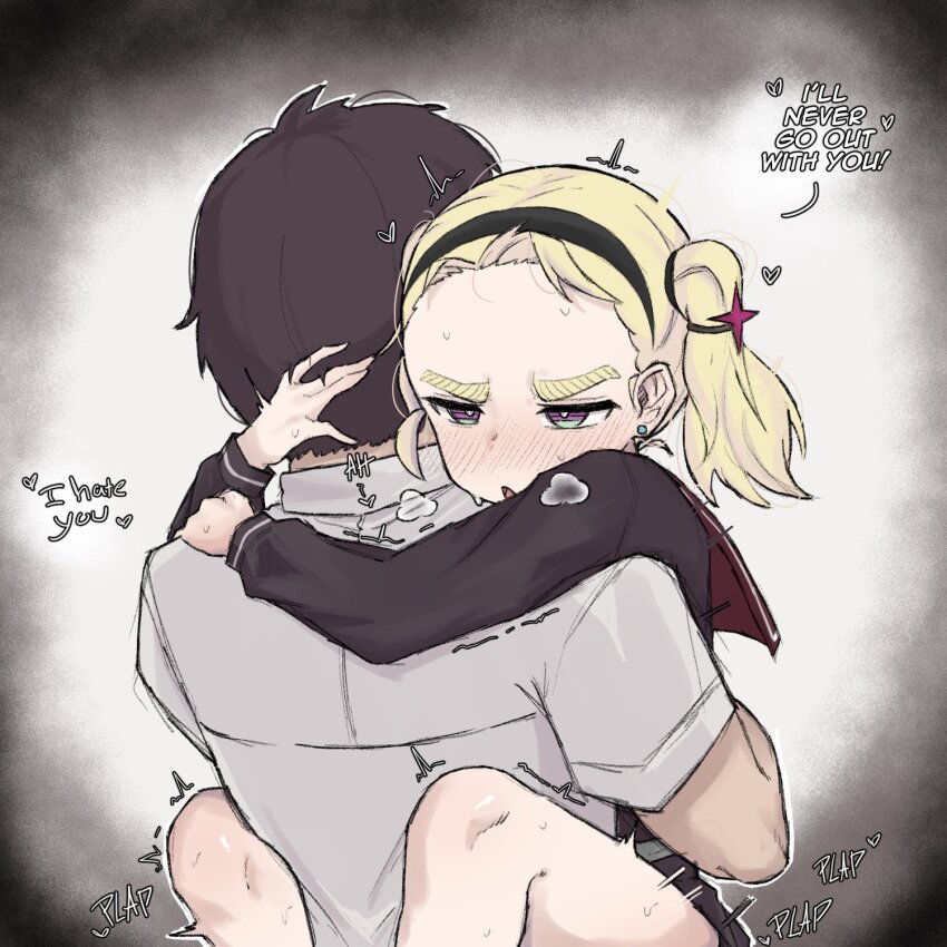 1boy 1girl blonde_hair blush borrowed_character breath english_text forehead hairband harsha_(eisu) heavy_breathing hetero highres hug implied_sex loli original plap school_uniform serafuku sex simple_background suspended_congress thick_eyebrows twintails zlix0n