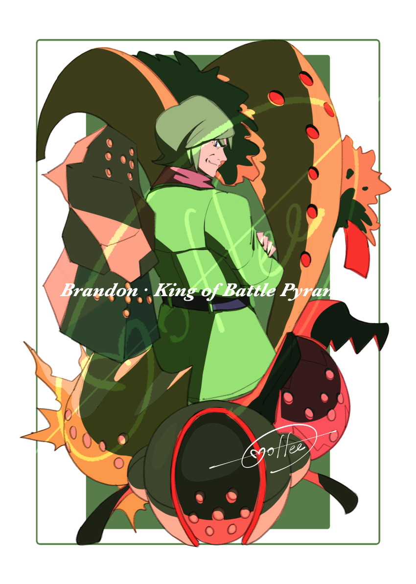 1boy absurdres belt black_belt border brandon_(pokemon) cccacademia character_name closed_mouth coat game_freak gen_3_pokemon gen_4_pokemon gen_8_pokemon green_coat hand_on_own_arm highres legendary_pokemon looking_back male_focus mixed-language_commentary nintendo pokemon pokemon_(creature) pokemon_emerald pokemon_rse regice regidrago regieleki regigigas regirock registeel scarf short_hair signature smile white_border